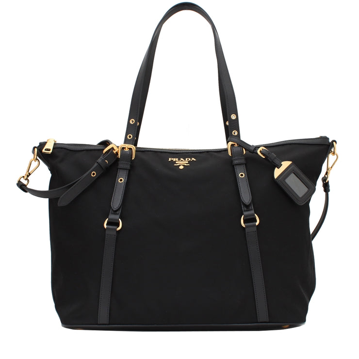 Prada B4253M Tessuto Nylon & Soft Calf Leather Trim Top Zip Tote Bag- Black