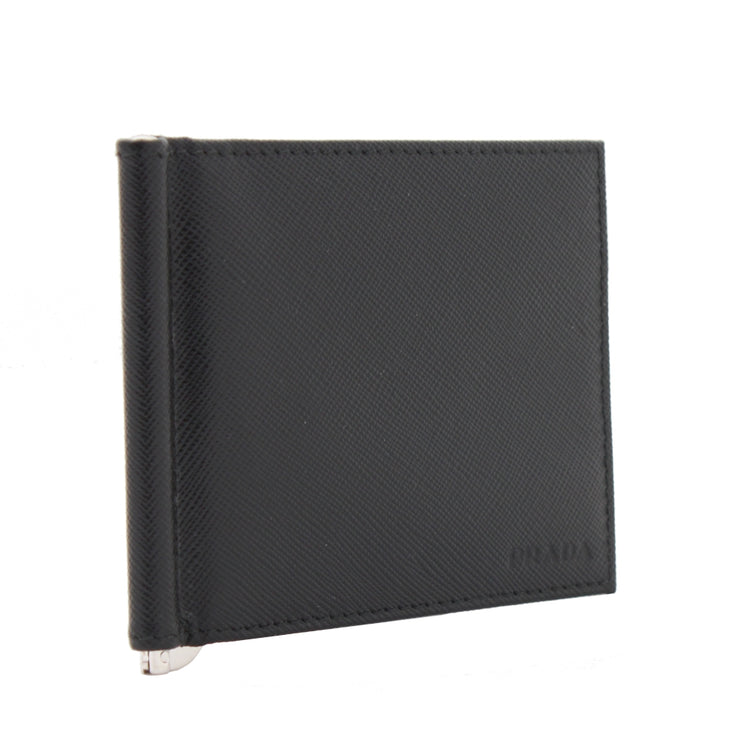 Prada 2M1077 Men's Saffiano Leather Bifold Wallet with Money Clip- Black