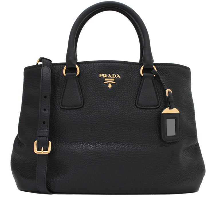 Prada BN2794 Vitello Daino Leather Convertible Shopping Tote Bag- Black