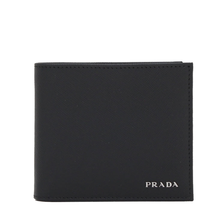 Prada 2M0513 Men's Saffiano Leather Bi-Colour Bifold Wallet with Logo- Black- Mercury