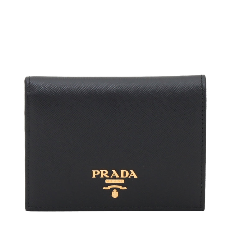 Prada 1MV204 Saffiano Leather Short Bi-fold Clasp Slim Wallet- Black