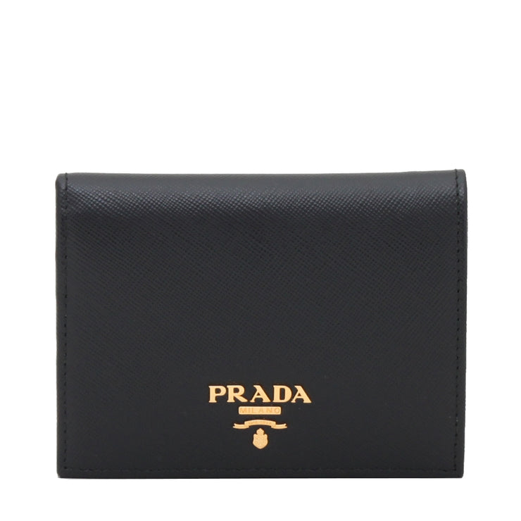 Prada 1M0204 Saffiano Leather Short Bi-fold Clasp Slim Wallet- Black
