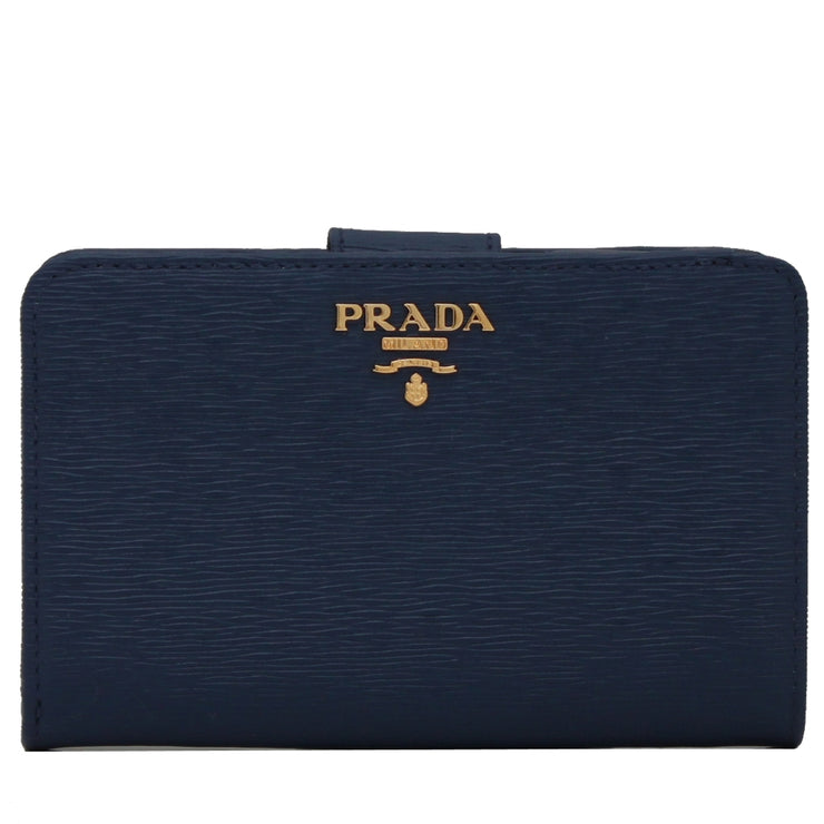 Prada 1M1225 Vitello Move Leather French Wallet with Coin Zip Pocket- Navy