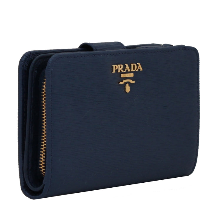 Prada 1ML225 Vitello Move Leather French Wallet with Coin Zip Pocket- Bluette