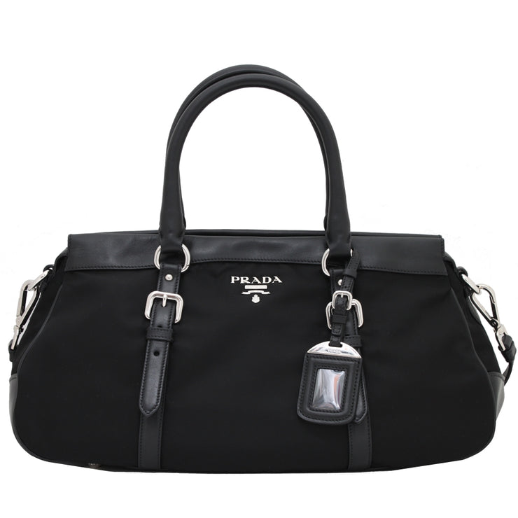 Prada BN2032 Tessuto Nylon & Soft Calf Leather Trim Top Handle Convertible Bag- Black (Silver-Hardware)