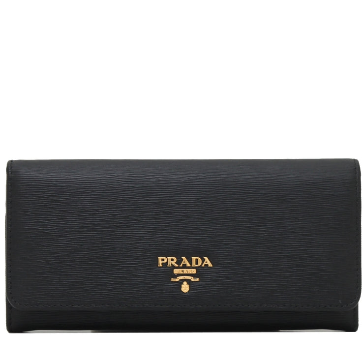 Prada 1M1132 Vitello Move Leather Long Fold Wallet- Black