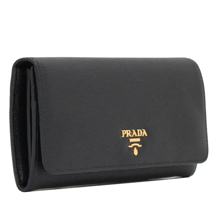 Prada 1M1132 Vitello Move Leather Long Fold Wallet- Black