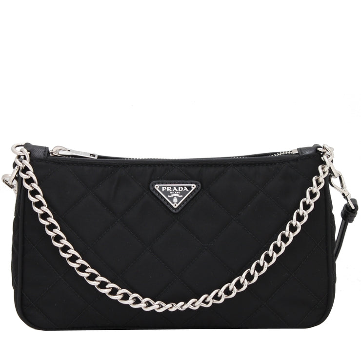 Prada 1BH026 Tessuto Nylon Quilted Convertible Top Handle Sling Bag- Black