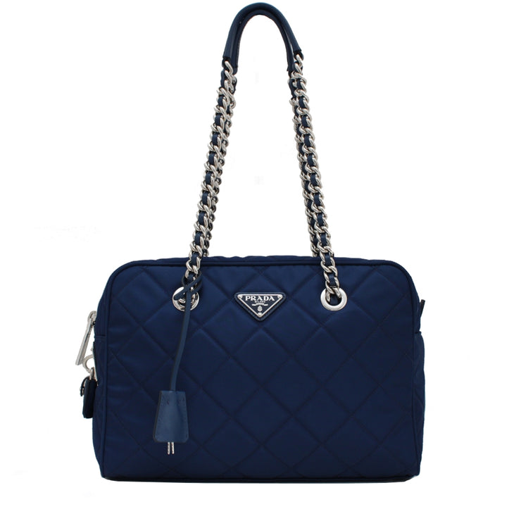 Prada BL0903 Quilted Tessuto Nylon Shoulder Bag with Chain Accents- Royal