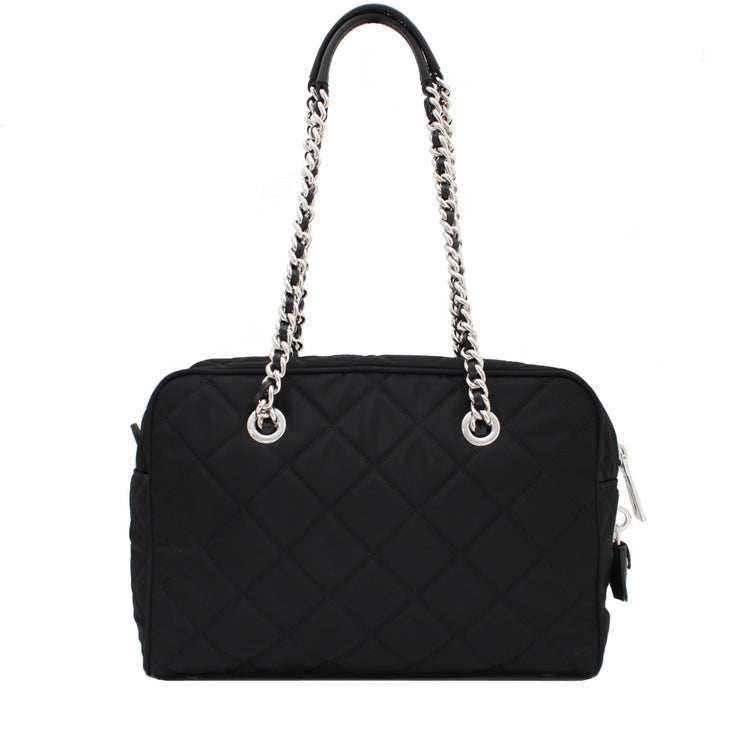 Prada BL0903 Quilted Tessuto Nylon Shoulder Bag with Chain Accents- Black