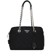 Prada BL0903 Quilted Tessuto Nylon Shoulder Bag with Chain Accents- Black