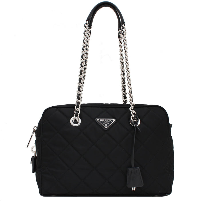 Prada BL0903 Quilted Tessuto Nylon Shoulder Bag with Chain Accents- Black