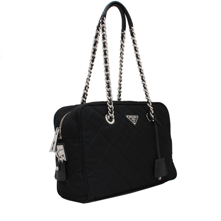 Prada BL0903 Quilted Tessuto Nylon Shoulder Bag with Chain Accents- Black