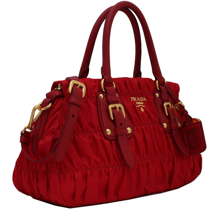 Prada BN1407 Tessuto Nylon Gaufre Convertible Satchel Bag- Red