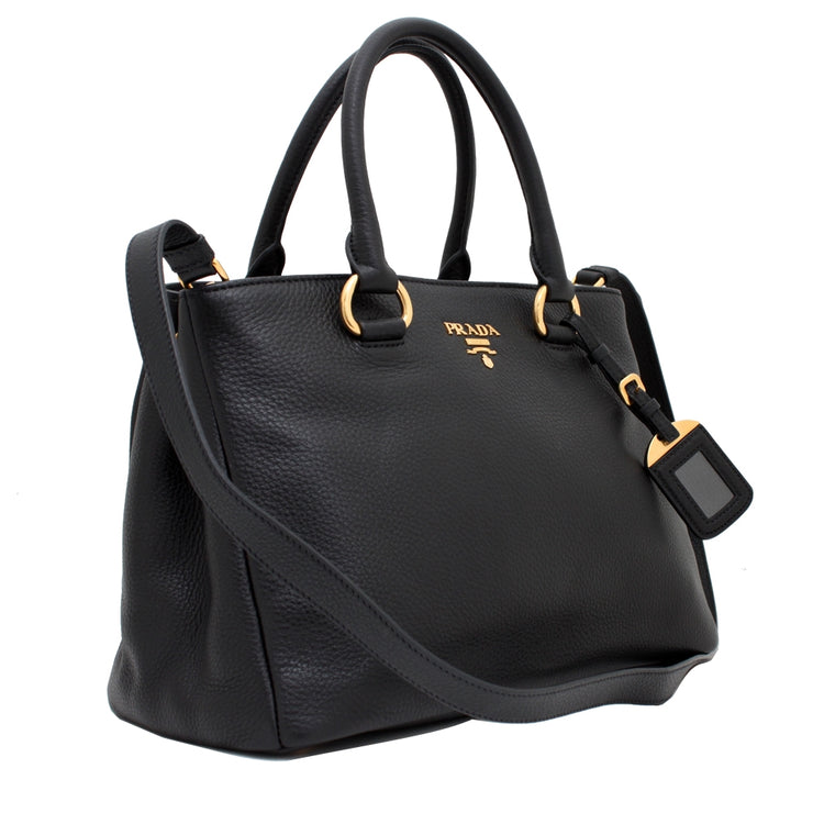 Prada BN2978 Vitello Daino Leather Shopping Tote Bag- Black