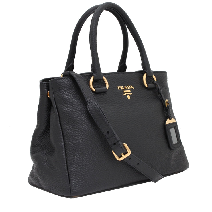 Prada 1BA878 Vitello Daino Leather Convertible Tote Bag- Black