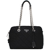 Prada 1BB903 Quilted Tessuto Nylon Shoulder Bag with Chain Accents- Black