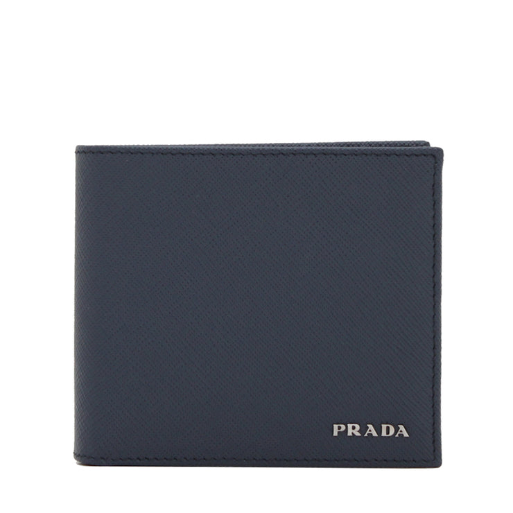Prada 2MO513 Men's Saffiano Leather Bi-Colour Bifold Wallet with Logo- Baltic-Black