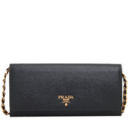 Prada 1MT290 Vitello Move Leather Long Fold Wallet on Chain- Black