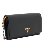 Prada 1MT290 Vitello Move Leather Long Fold Wallet on Chain- Black