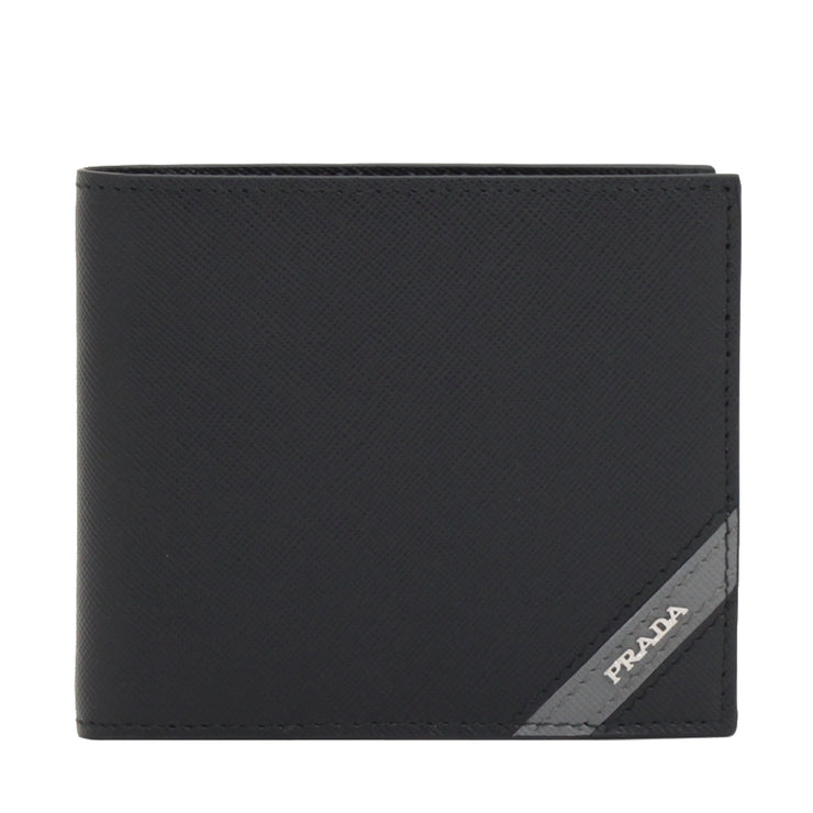 Prada 2MO513 Men's Saffiano Leather Bifold Wallet with Logo Stripe- Black- Mercury