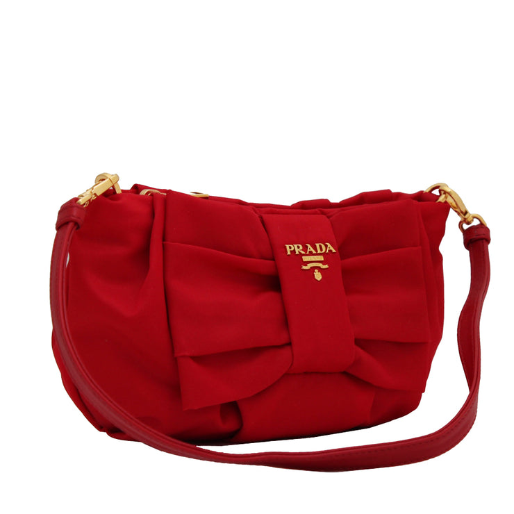 Prada 1NE868 Tessuto Nylon Bow Clutch- Shoulder Bag- Rosso