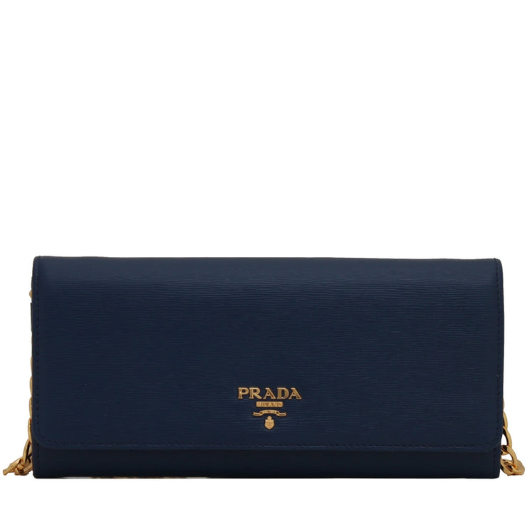 Prada 1MT290 Vitello Move Leather Long Fold Wallet on Chain Bag- Bluette