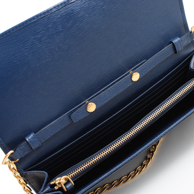 Prada 1MT290 Vitello Move Leather Long Fold Wallet on Chain Bag- Bluette