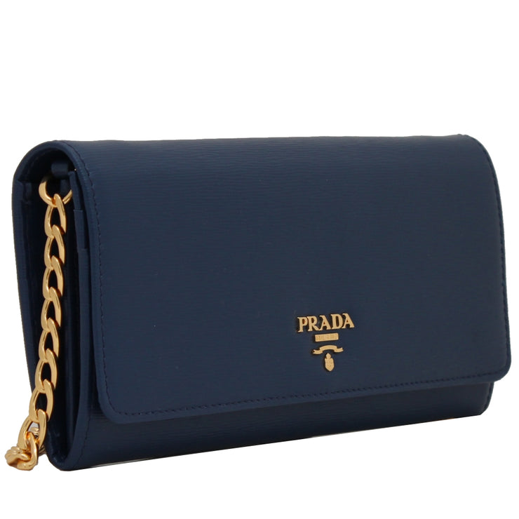 Prada 1MT290 Vitello Move Leather Long Fold Wallet on Chain Bag- Black