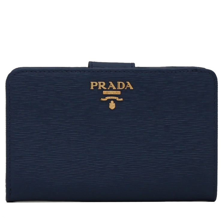 Prada 1ML225 Vitello Move Leather French Wallet with Coin Zip Pocket- Bluette