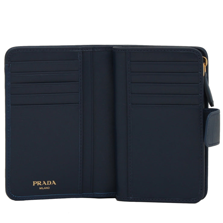 Prada 1ML225 Vitello Move Leather French Wallet with Coin Zip Pocket- Bluette