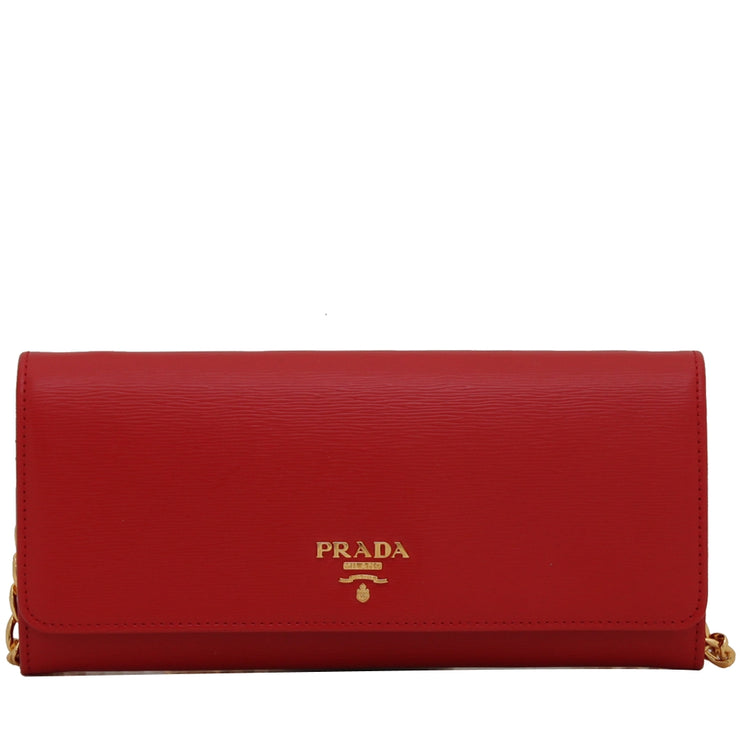 Prada 1MT290 Vitello Move Leather Long Fold Wallet on Chain Bag- Lacca