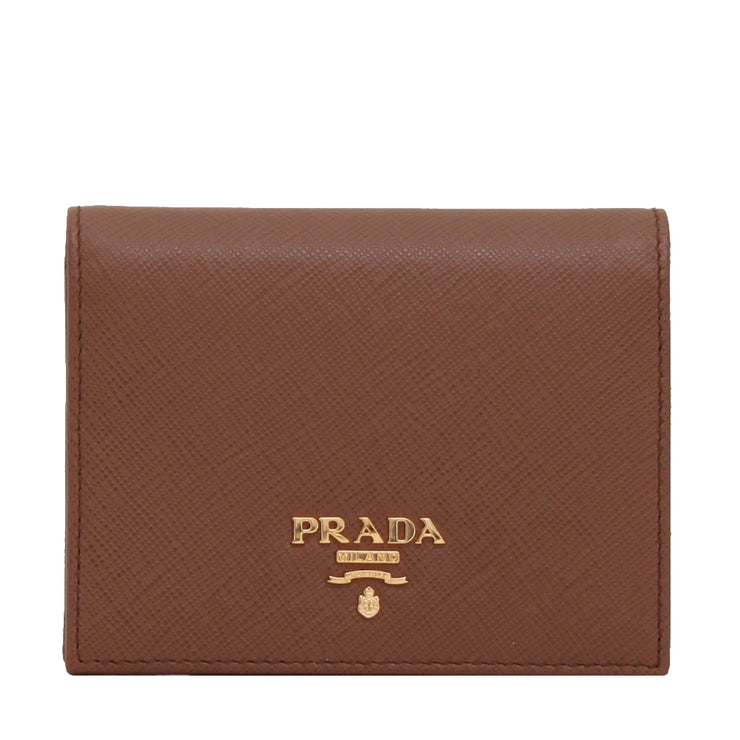 Prada 1MV204 Saffiano Leather Short Bi-fold Clasp Slim Wallet- Cuoio