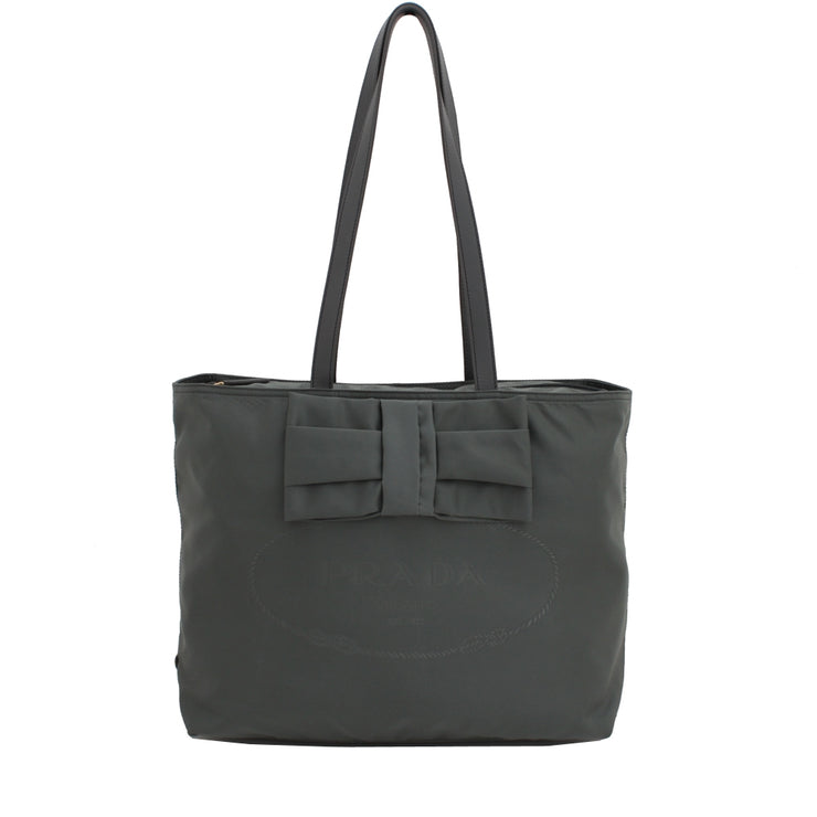Prada 1BG052 Nylon Jacquard Bow Tote Bag- Ardesia