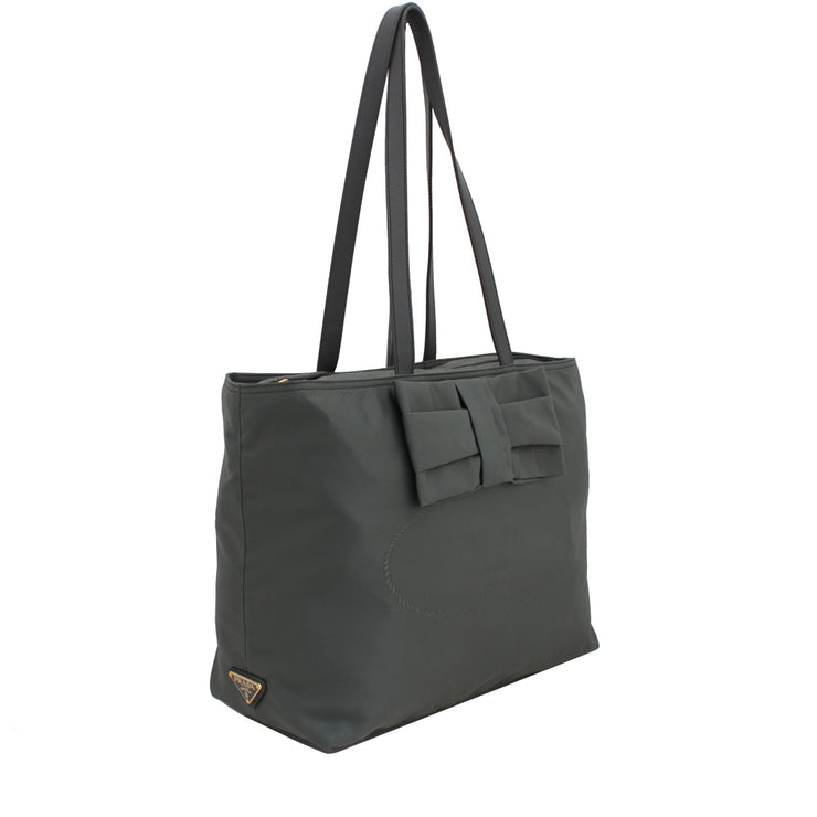 Prada 1BG052 Nylon Jacquard Bow Tote Bag- Ardesia