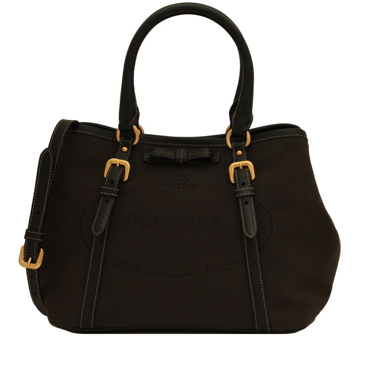 Prada 1BA841 Logo Jacquard Convertible Satchel Bag- Moro- Black