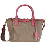 Prada 1BA111 Logo Jacquard with Leather Trim Satchel Bag- Corda- Peonia