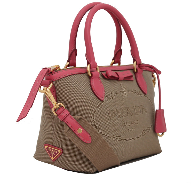 Prada 1BA111 Logo Jacquard with Leather Trim Satchel Bag- Corda- Peonia