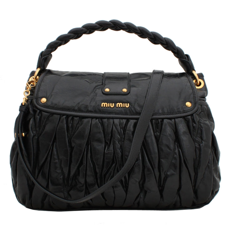 Miu Miu Shiny Calf Leather Metalasse Convertible Hobo Bag- Black