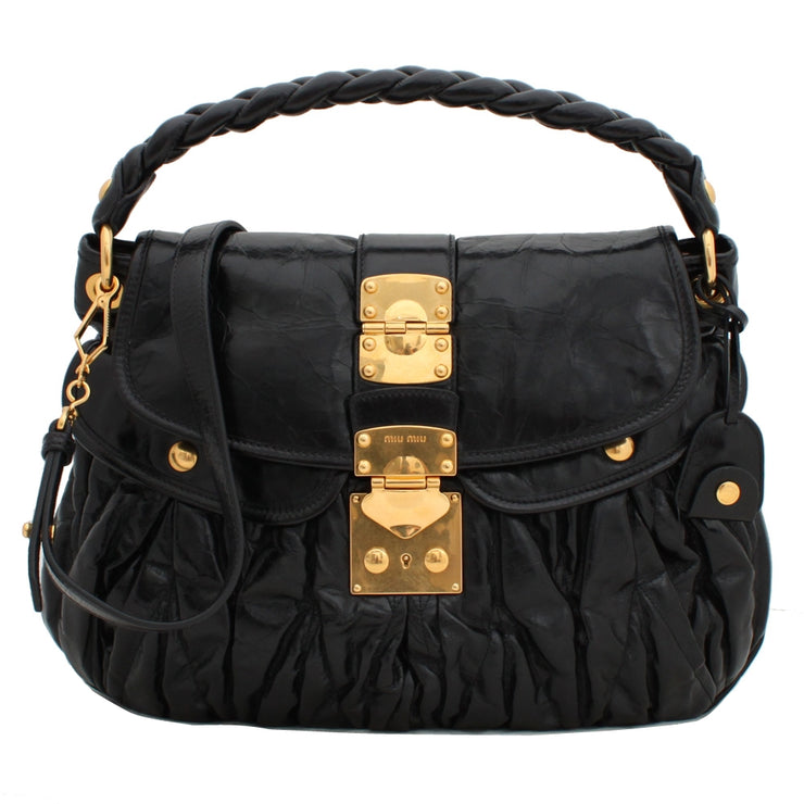 Miu Miu Shiny Calf Leather Metalasse Convertible Hobo Bag- Black