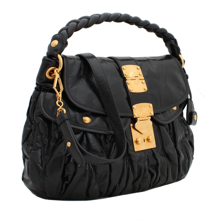 Miu Miu Shiny Calf Leather Metalasse Convertible Hobo Bag- Black