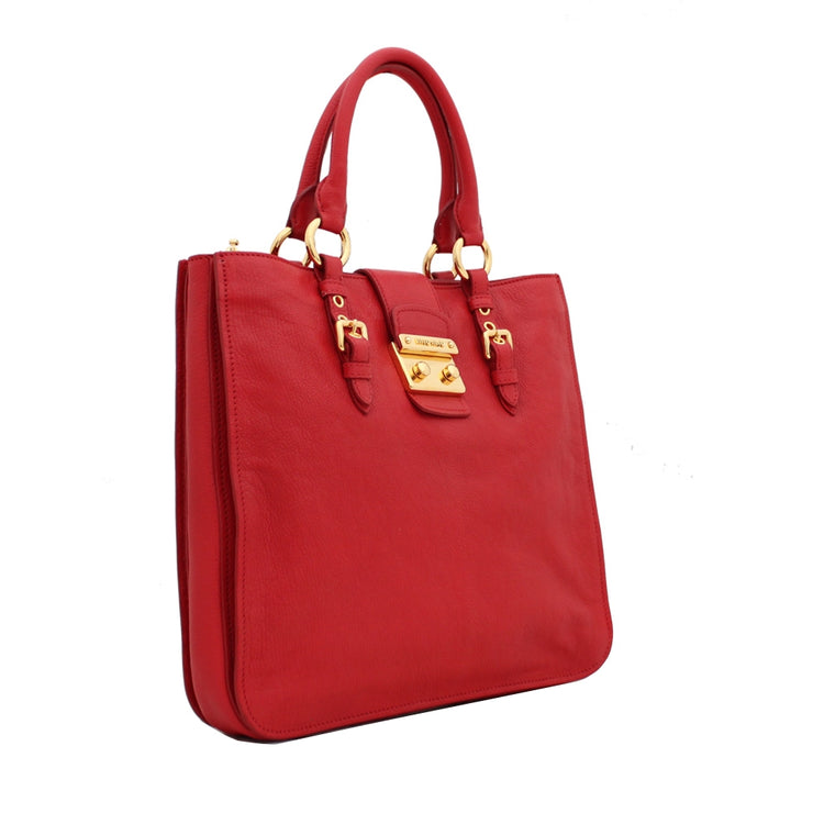 Miu Miu RN0786 Madras Textured Leather Tote Bag- Red