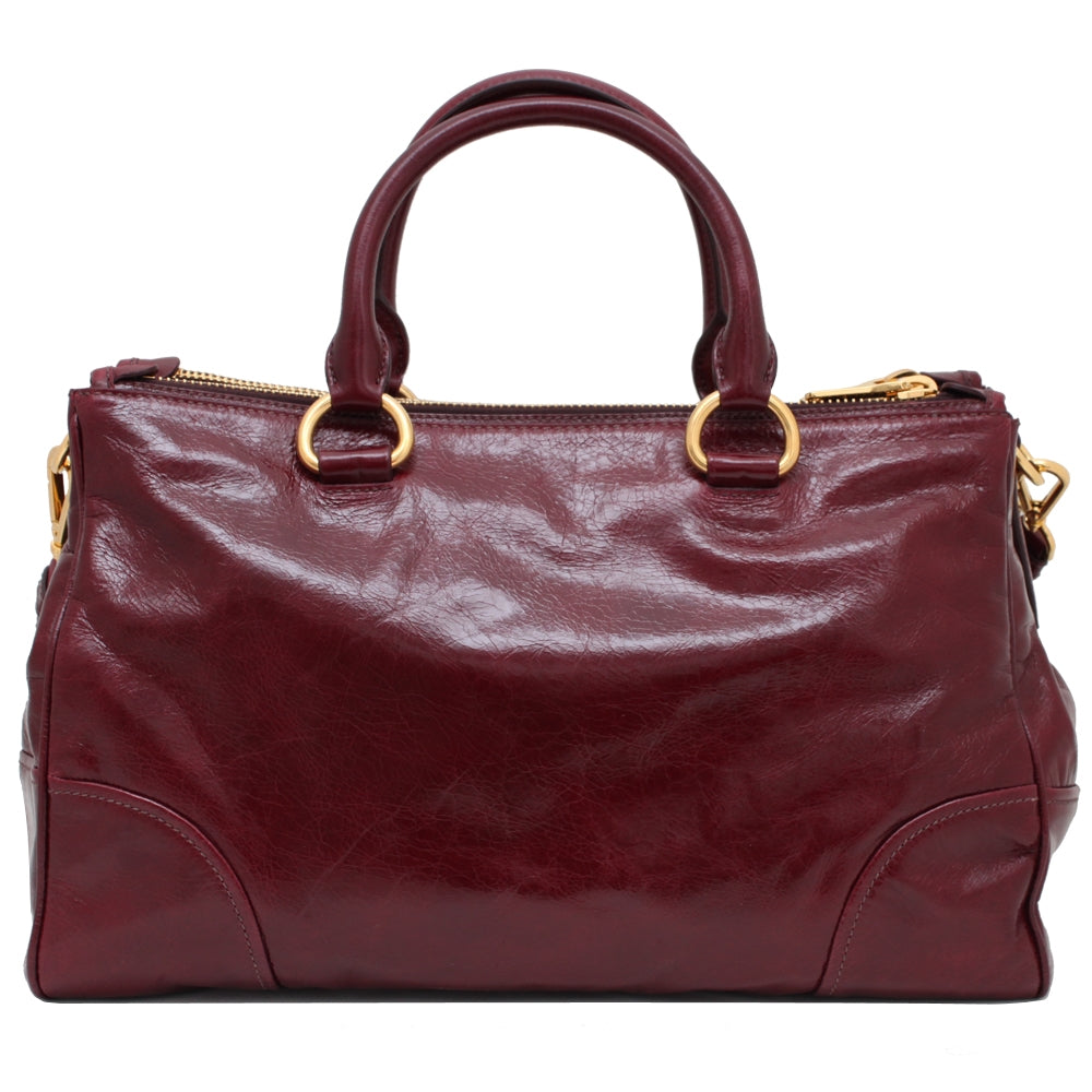 美品 Miu Miu Vitello Shine Rosso Bordo Miu Miu Amarena Vitello Shine Pattina Ruched Shoulder Bag RR1458