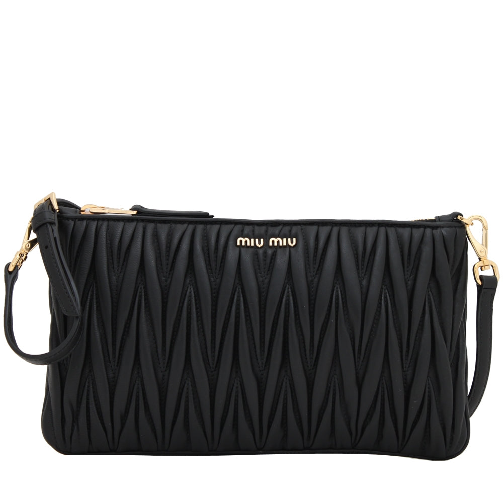 Miu Miu 5BH086 Matelasse Leather Clutch- Shoulder Bag- Black
