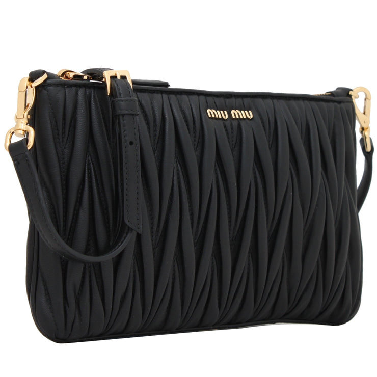 Miu Miu 5BH086 Matelasse Leather Clutch- Shoulder Bag- Black