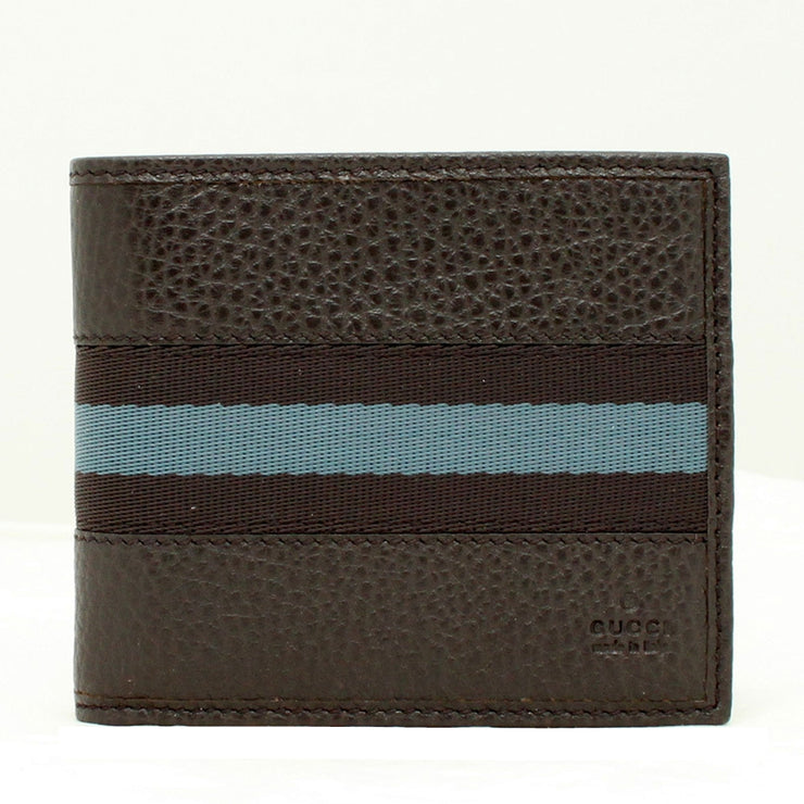 Gucci Men's Signature Web Bi-fold Leather Wallet- Dark Brown-Blue