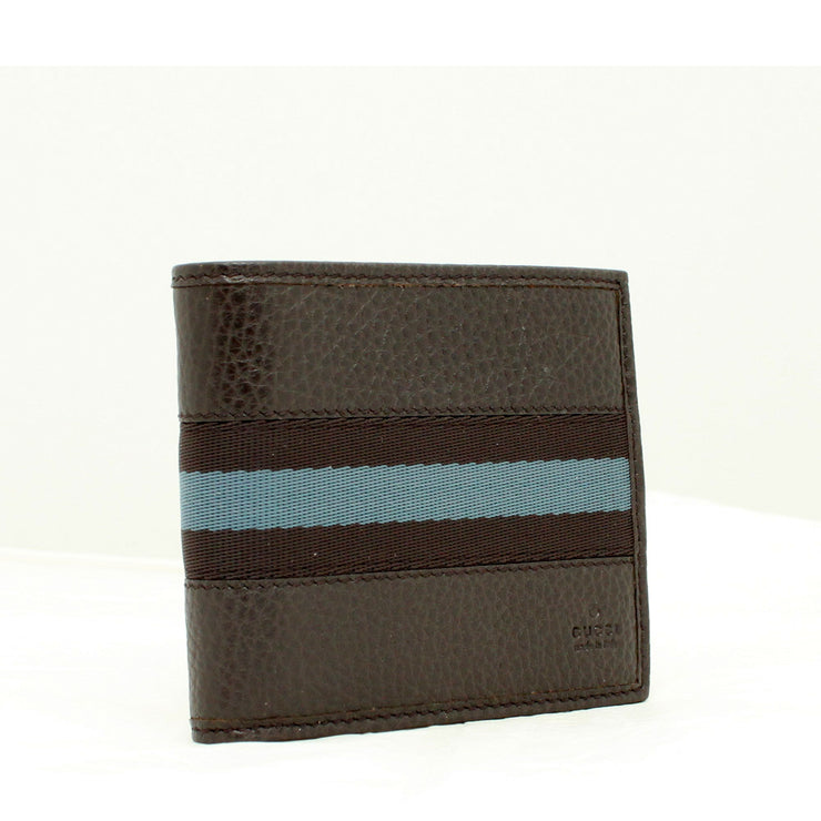 Gucci Men's Signature Web Bi-fold Leather Wallet- Dark Brown-Blue