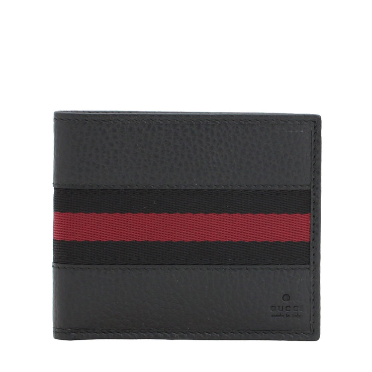 Gucci Men's Signature Web Bi-fold Leather Wallet- Black-Red