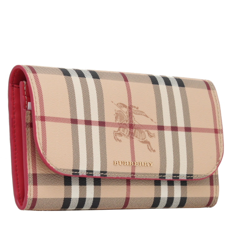 Burberry Elmore Haymarket Check and Coral Red Leather Ladies Long Wallet  3930325