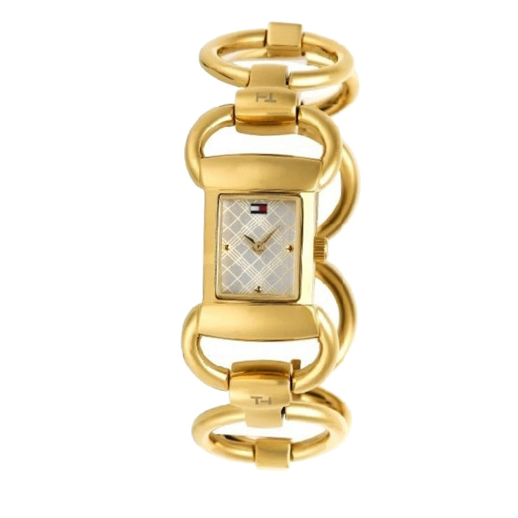 Tommy Hilfiger Ladies Gold Link Bracelet Watch w Silver Check-Patterned Dial